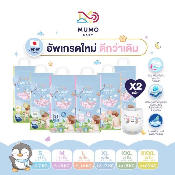 Mumo Baby Day&Night Pants ไซส์S-3XL กางเกงผ้าอ้อมเด็ก มูโมะเบบี้ แพมเพิสเด็ก