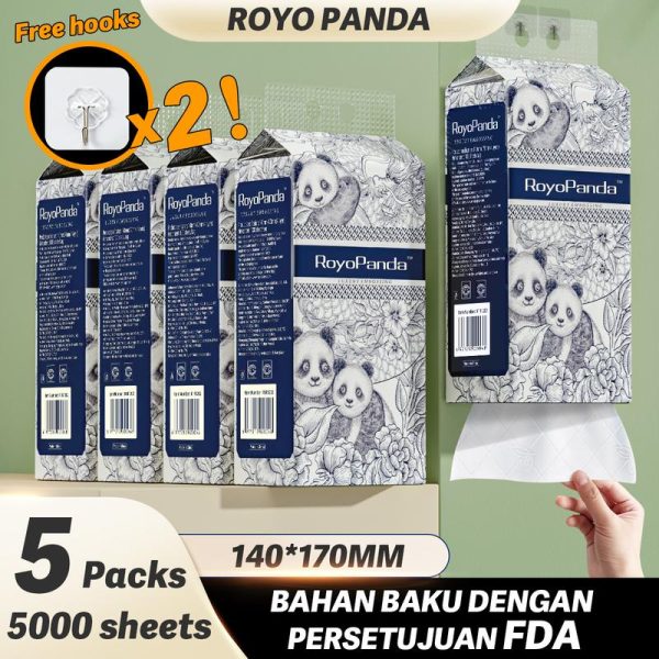 【BUY 1 TAKE 4】ROYO PANDA Hanging Pull-out Tissues, Diamond Embossed Craft, Skin-friendly Soft, 4 Ply, 5 Packs, 140*170mm, Total 1000 Sheets Wood Nature Napkin